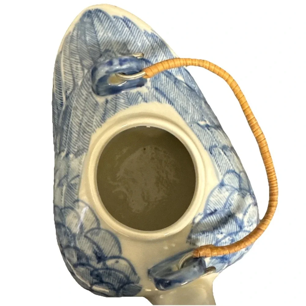 Vintage Chinese Blue & White Porcelain Duck Teapot Hand Painted Wicker Handle